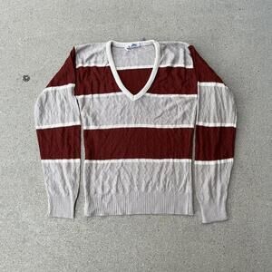 Vintage 70s v-neck light brown khaki red striped Longsleeve shirt